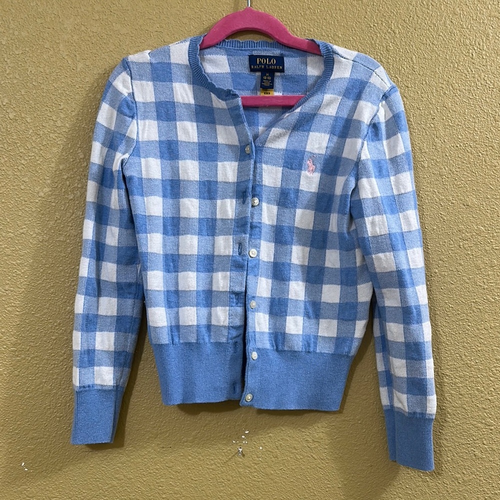 Polo by Ralph Lauren Blue Checkered Girls Spring Sweater Gingham 8 10